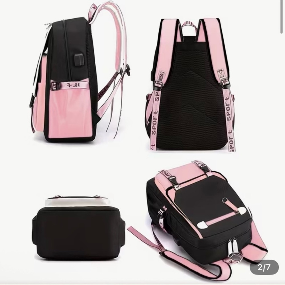 My Melody Backpack USB Charge Laptop Backpack Rucksack Travel Bag w Plush Charms - Picture 4 of 17